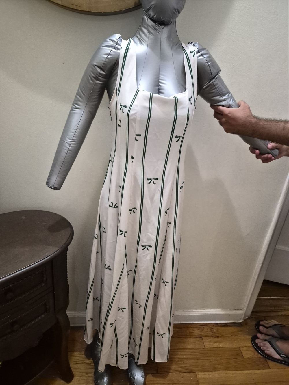 SHEIN White Maxi Dress with Green Stripe & Bow Print